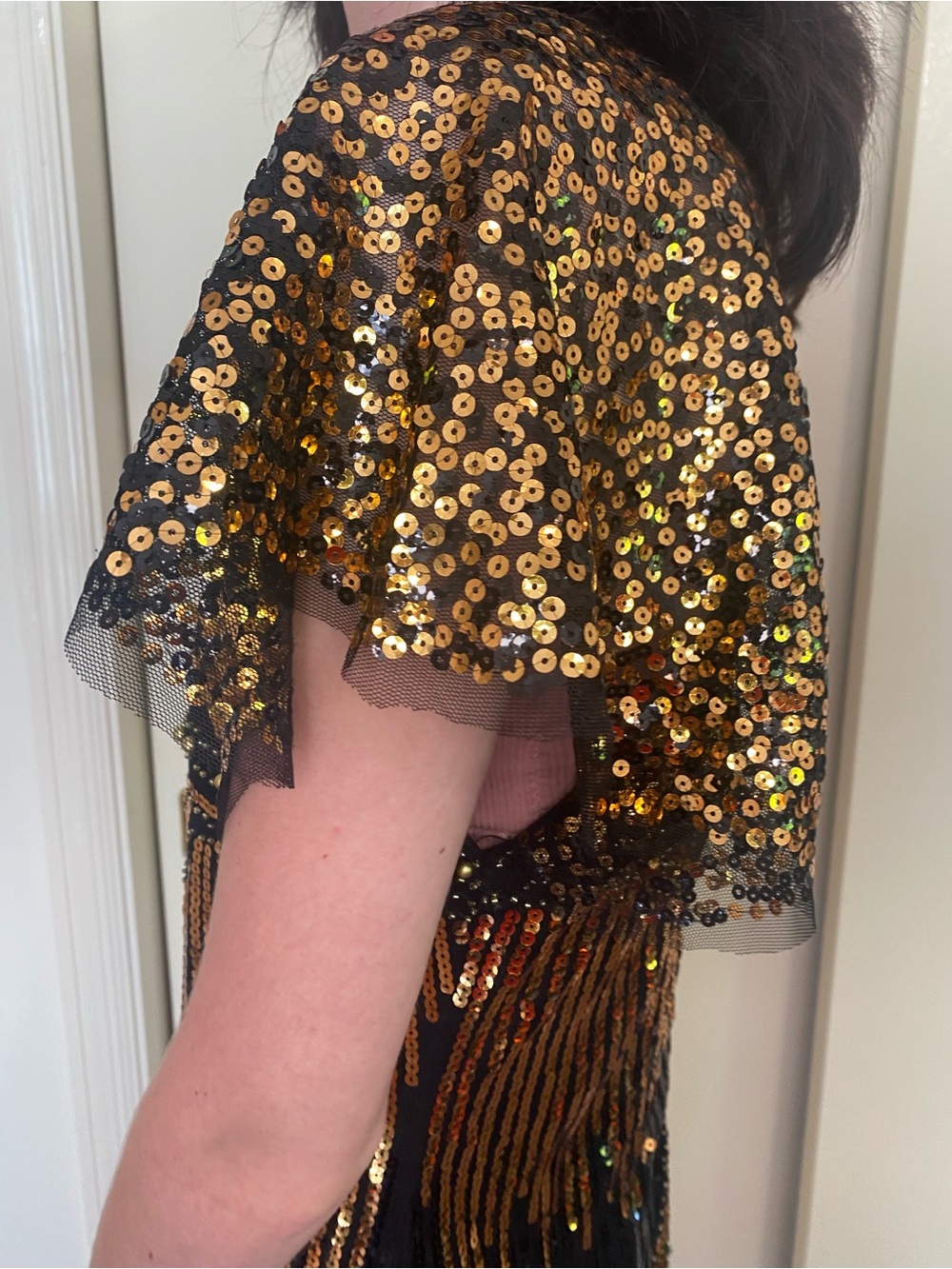 Size Small 1920s Flapper Black & Gold Sequin Fringe Midi Dress party Halloween - Picture 7 of 14